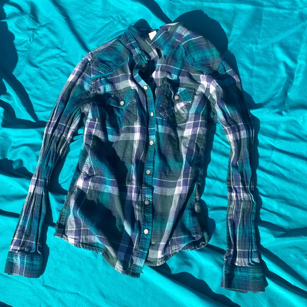 Mossimo supply co blue flannel shirt, size: youth M, blue and green